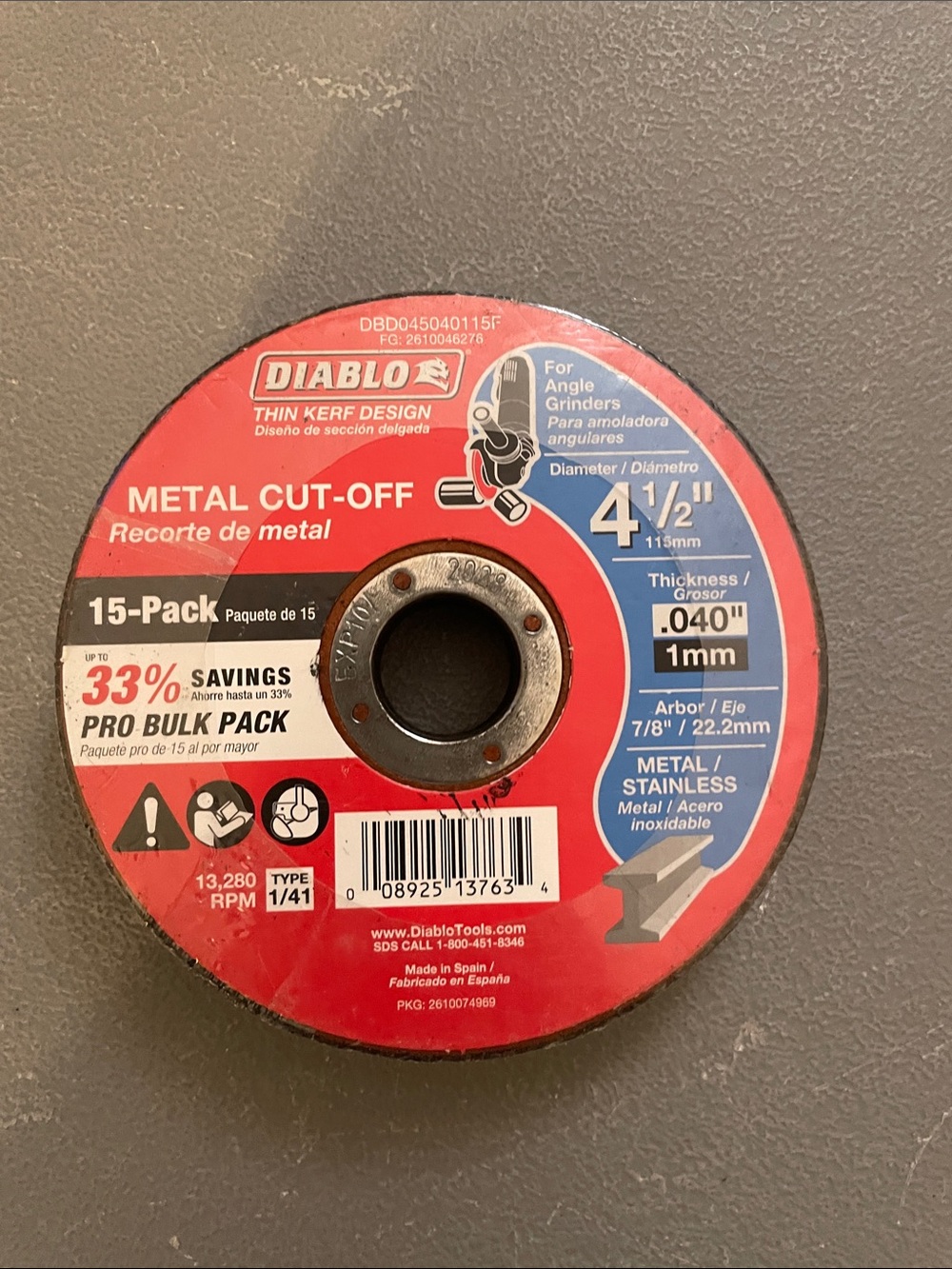 4 1/2" Red Metal Cut-Off Wheel - 15-Pack